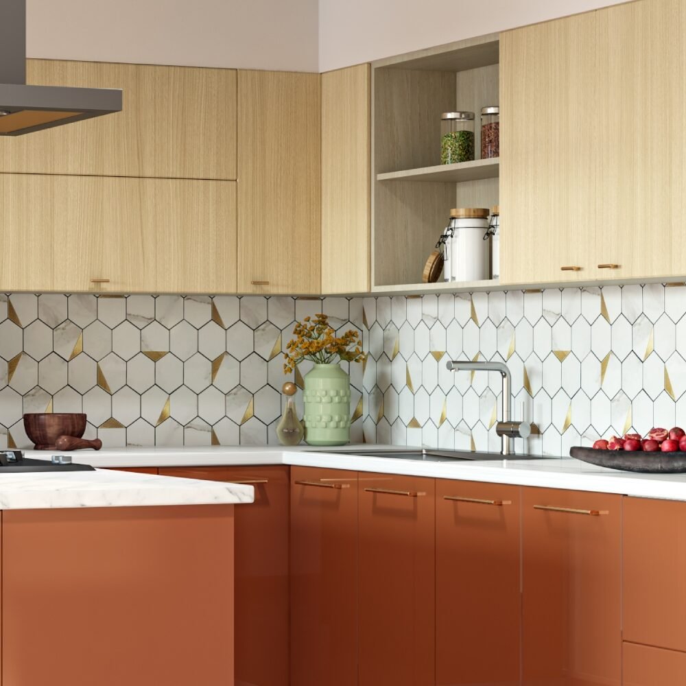 Glossy White and Golden Hexagon Ceramic Tiles Design