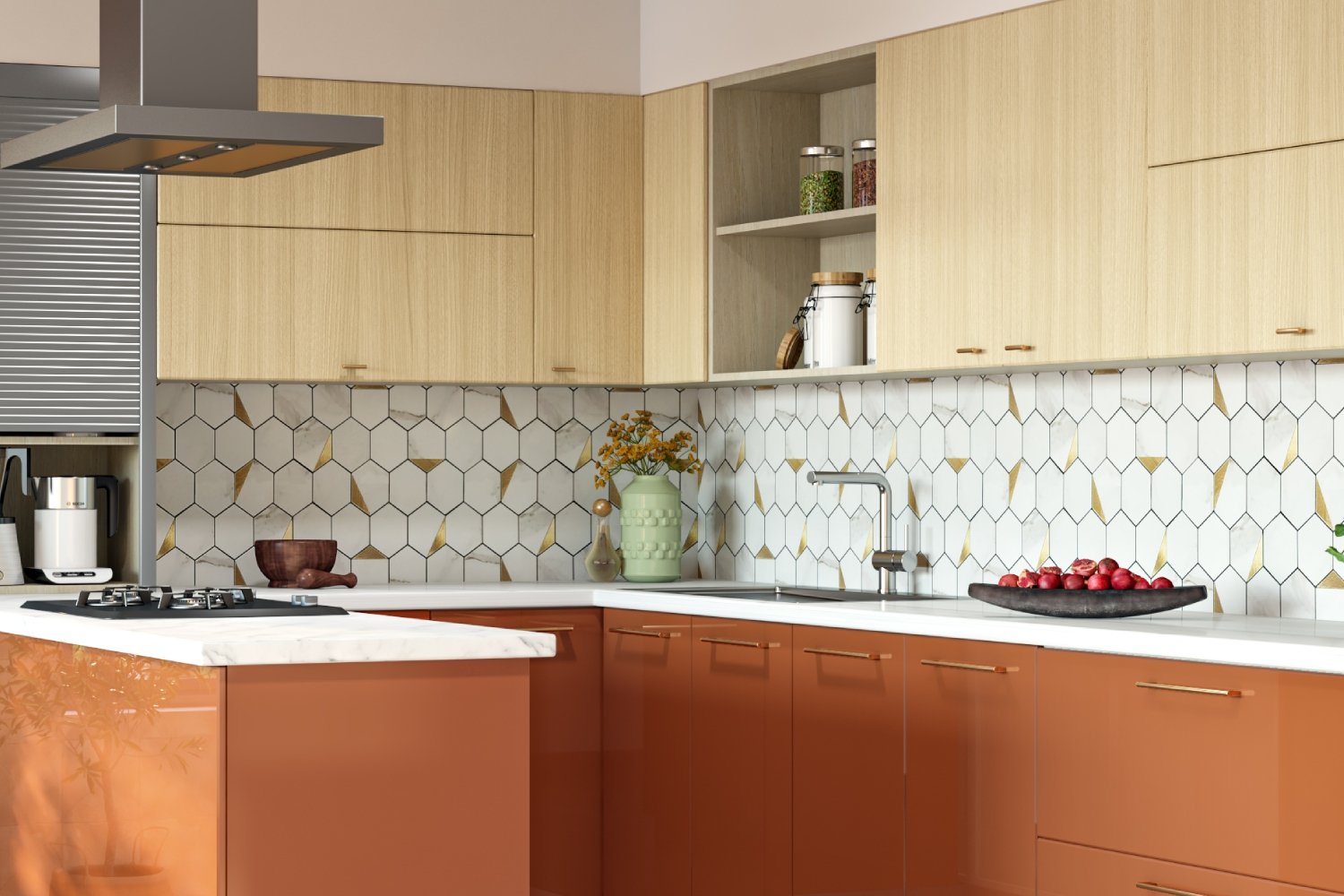 Glossy White and Golden Hexagon Ceramic Tiles Design