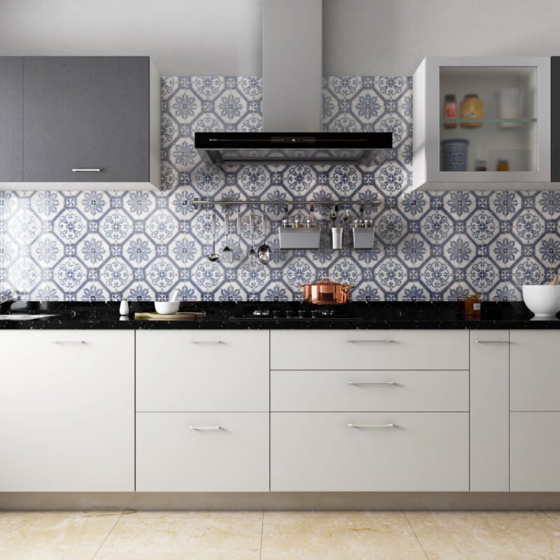 White and Blue Ceramic Tiles Design with Geometric and Floral Motifs