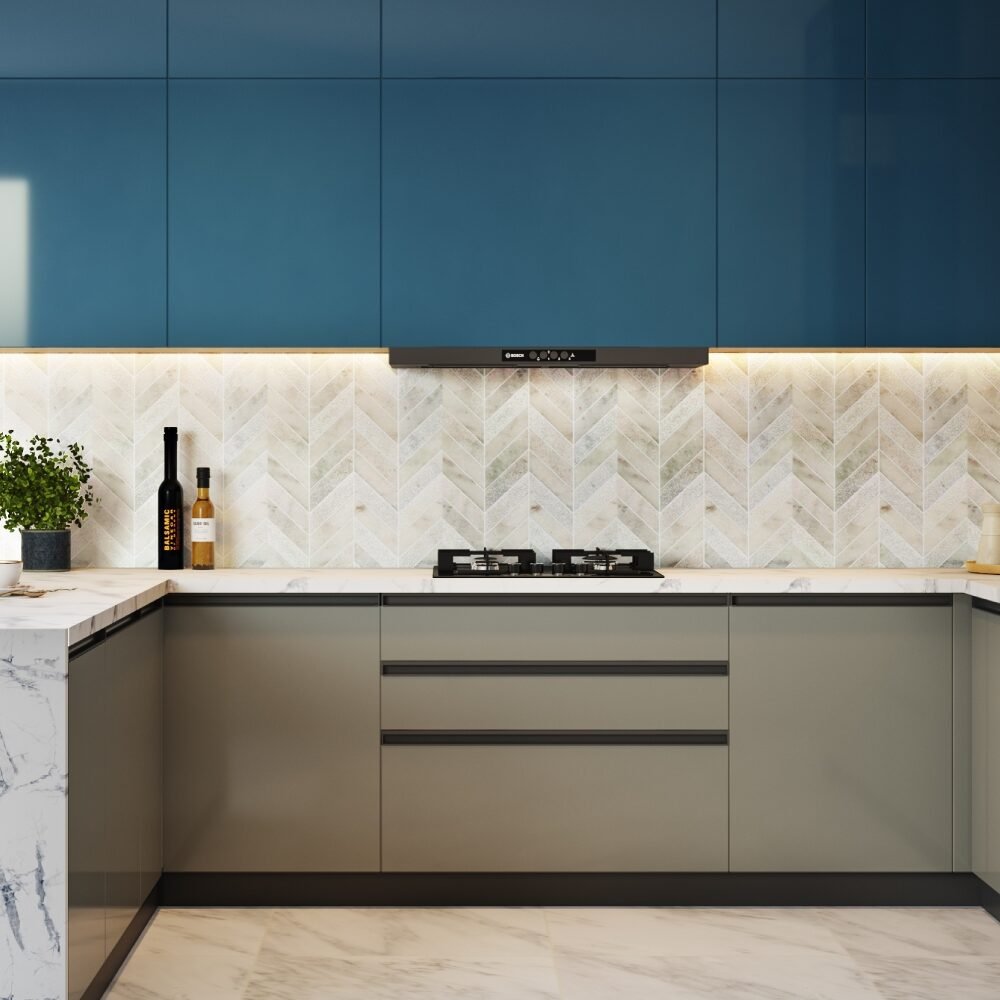 Modern Grey and White Chevron Backsplash Tiles Design
