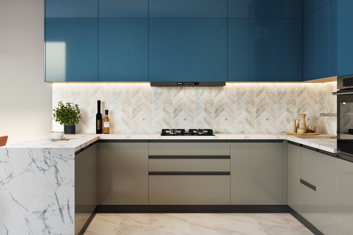 Modern Grey and White Chevron Backsplash Tiles Design