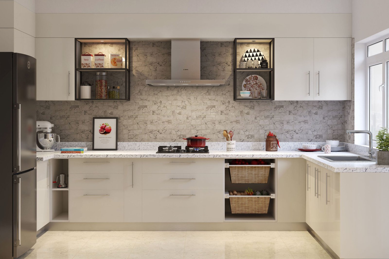 Glossy White and Grey Subway Ceramic Tiles Design for Modern Kitchens