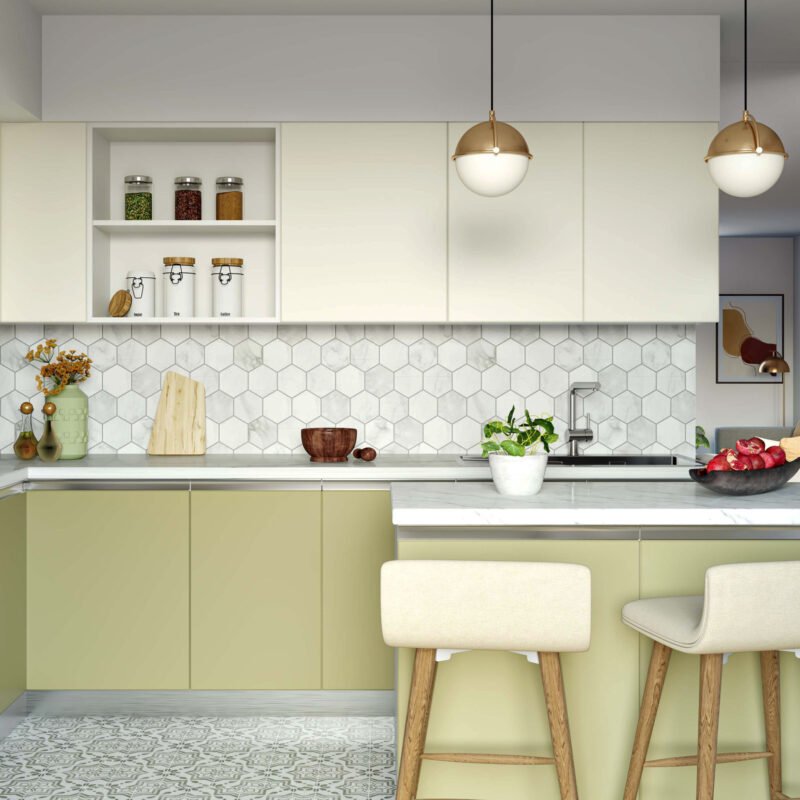 Glossy White Ceramic Hexagonal Tiles Design for Modern Kitchen Walls