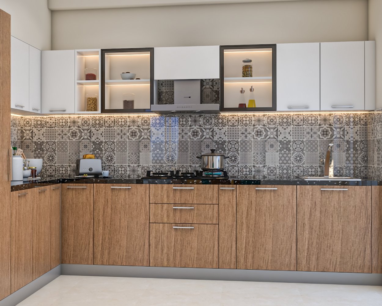 Glossy Ceramic Moroccan Tiles Design in Black and White for Kitchen