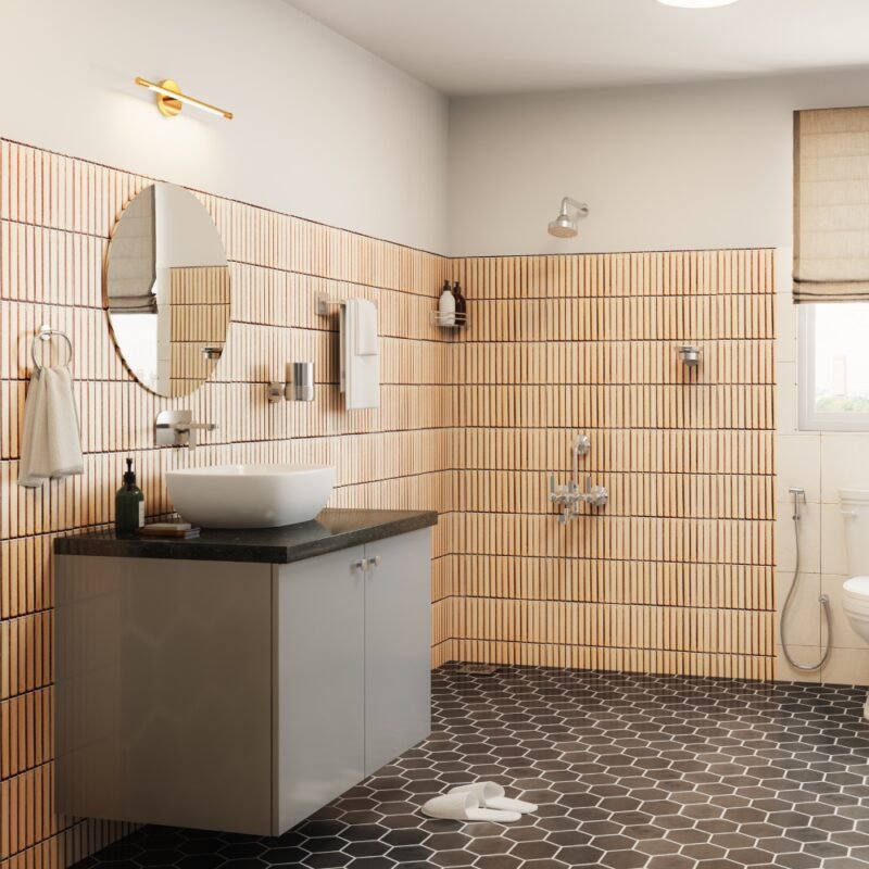 Peach Ceramic Kitkat Tiles Design with Suede Finish for Bathrooms