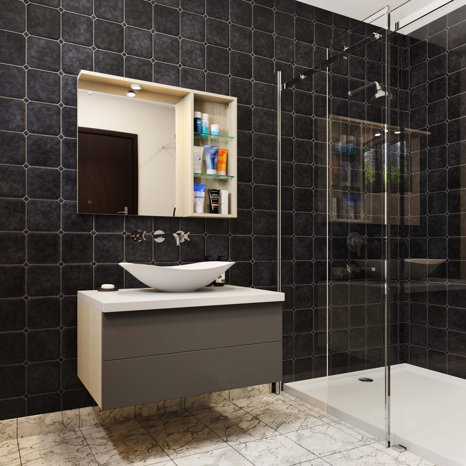 Black Gres Matt Finish Mosaic Tiles Design for Bathrooms