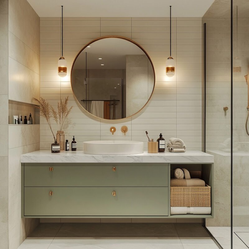 White and Beige Porcelain Tiles Design with Stacked Subway Highlights