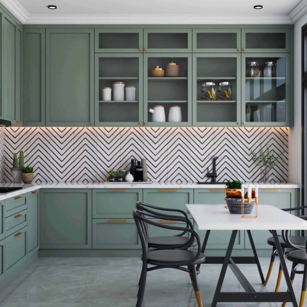 White and Black Geometric Ceramic Tiles Design for Kitchen