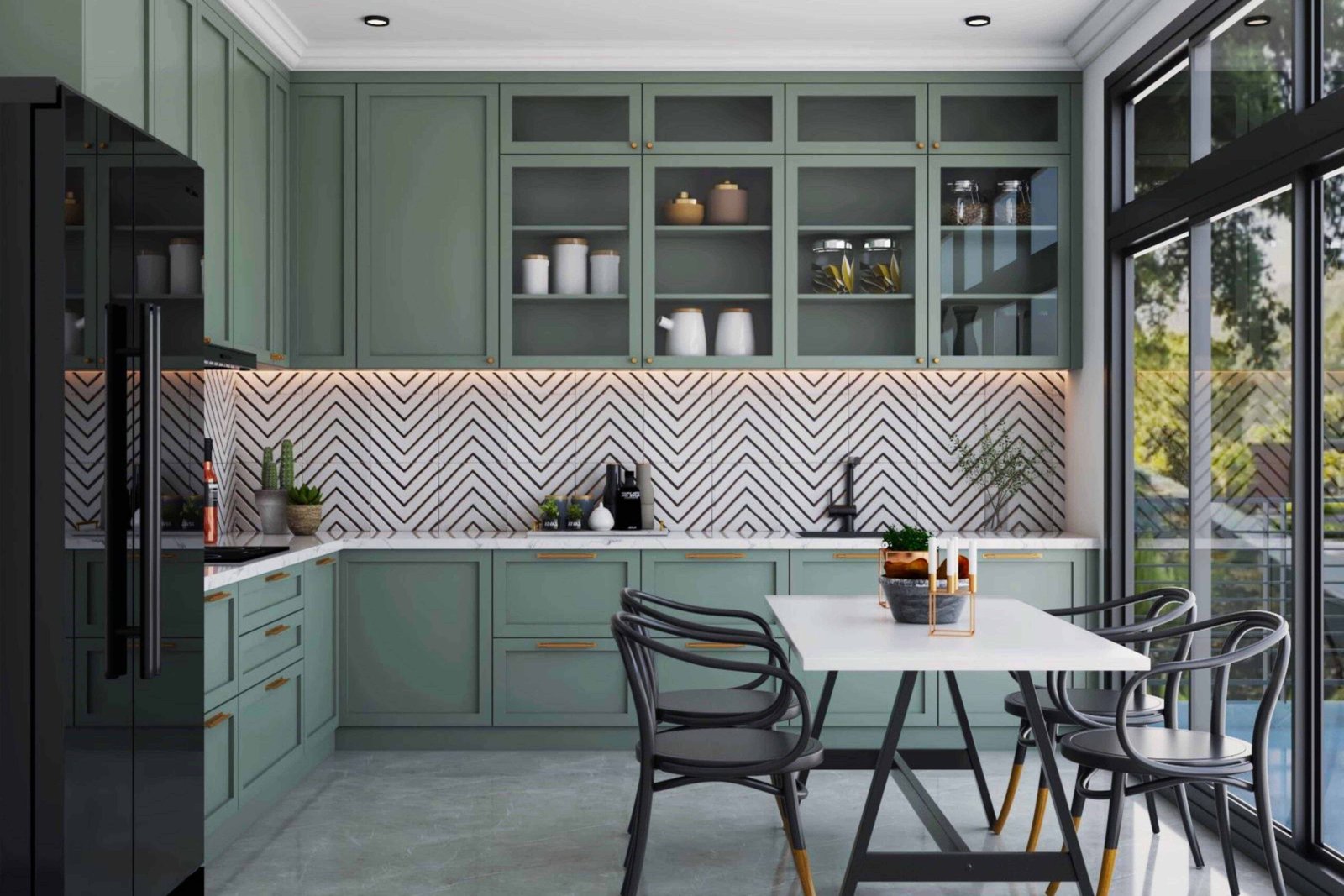 White and Black Geometric Ceramic Tiles Design for Kitchen