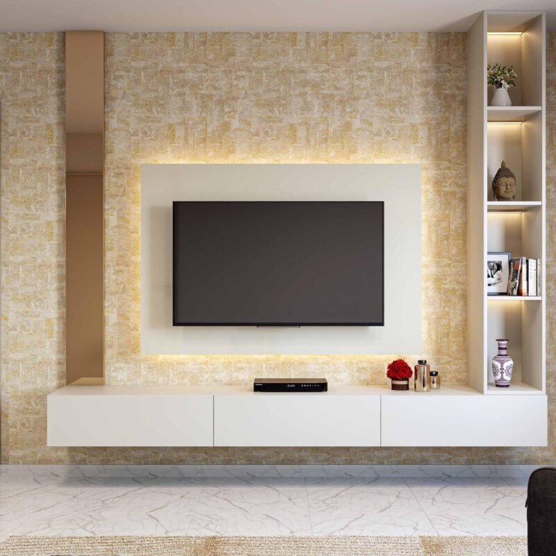 Modern White TV Unit Design with Suede Finish Shutters