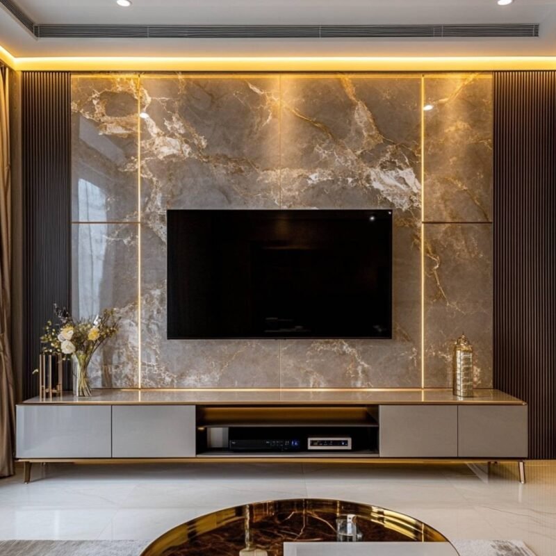 Contemporary TV Unit Design with Suede Finish