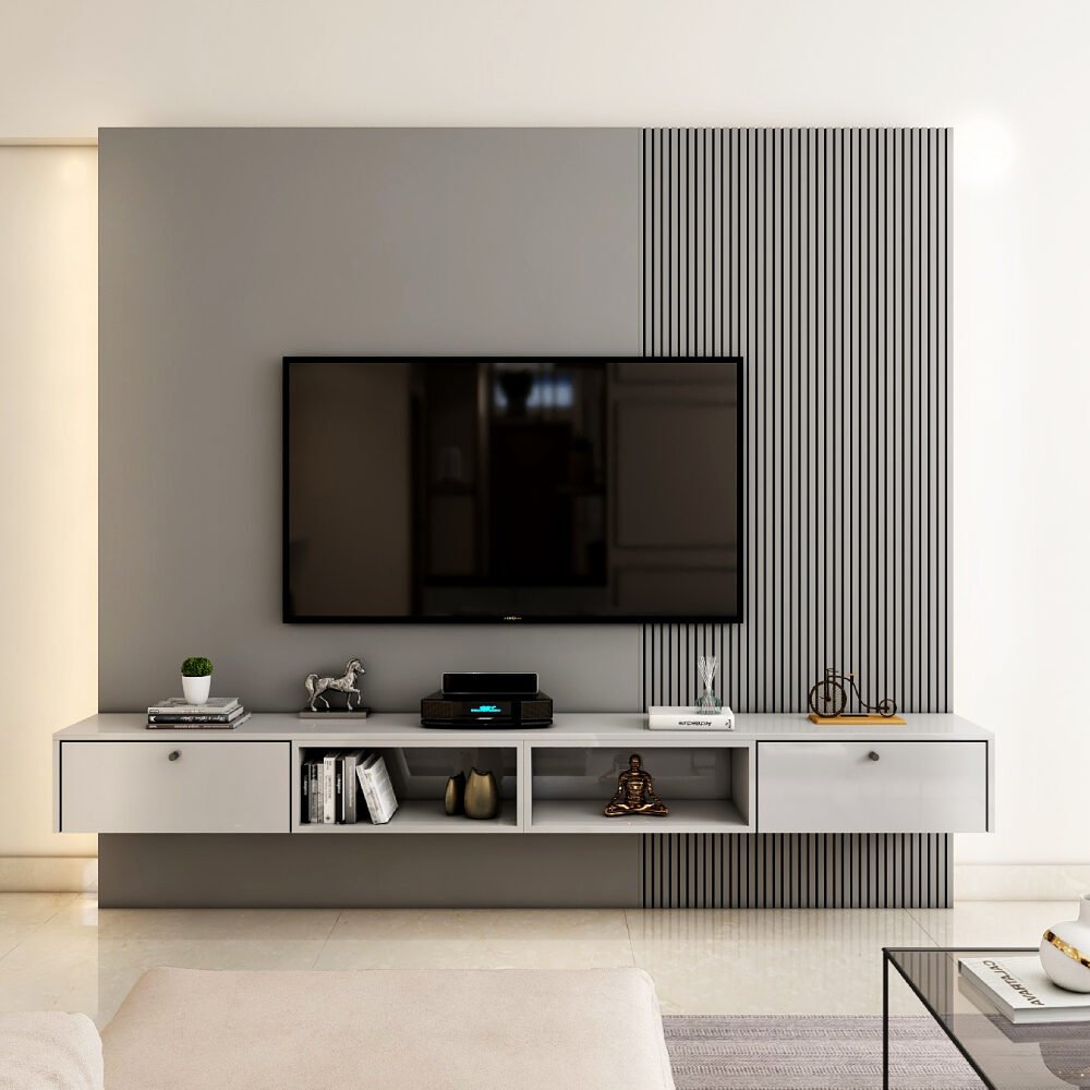 Industrial Grey TV Unit Design with Textured Panels and Lighting