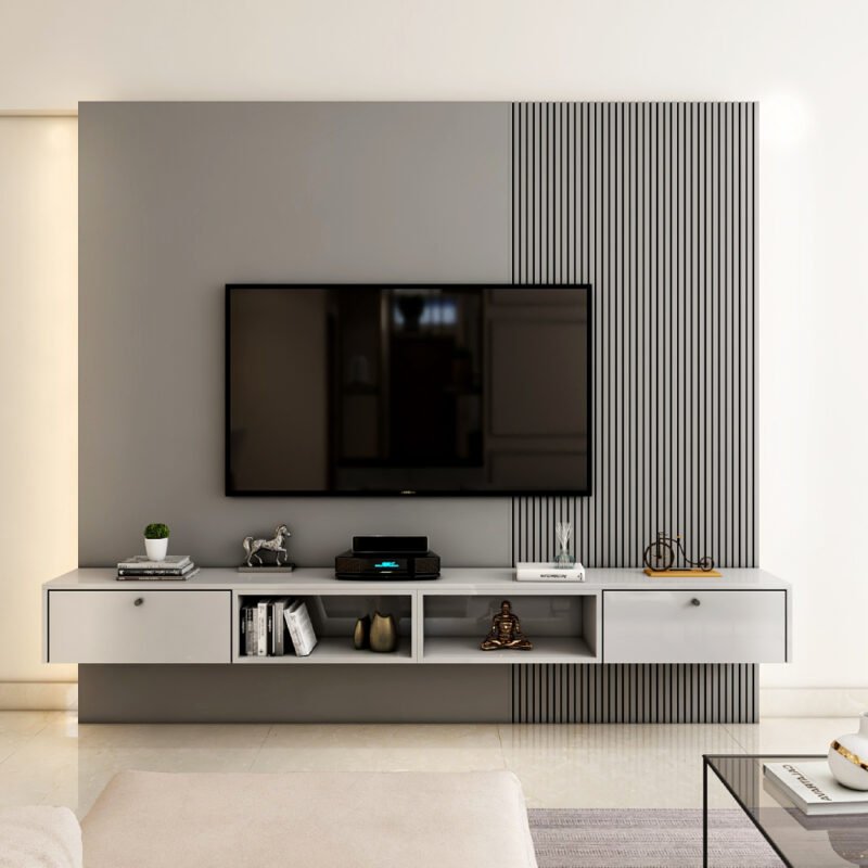 Industrial Grey TV Unit Design with Textured Panels and Lighting