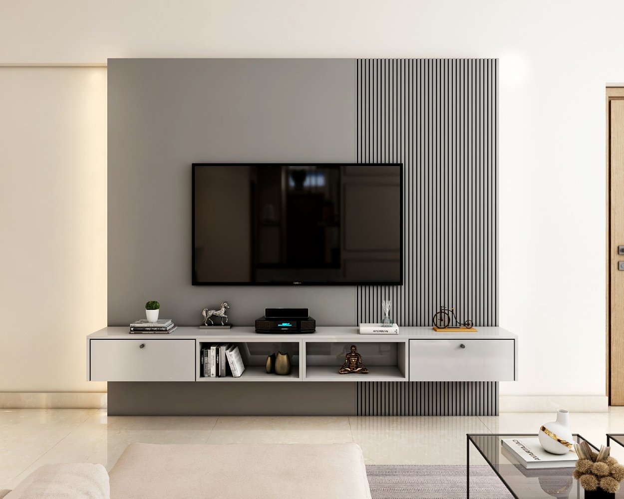 Industrial Grey TV Unit Design with Textured Panels and Lighting