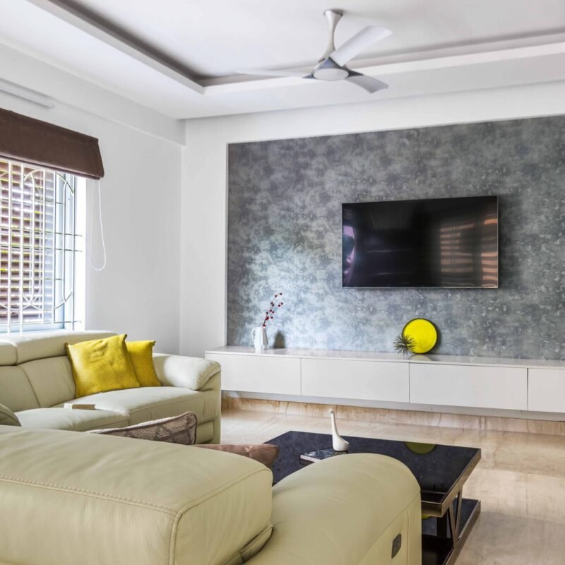 White Wall-Mounted Contemporary TV Unit Design with Hidden Storage