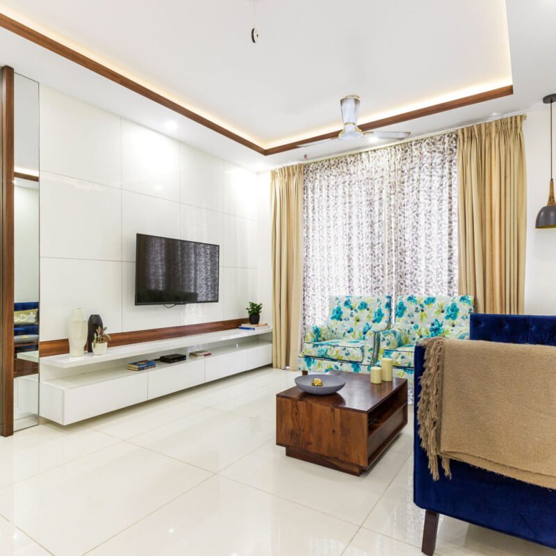 Glossy Minimal TV Unit Design With Shelves and Cabinets