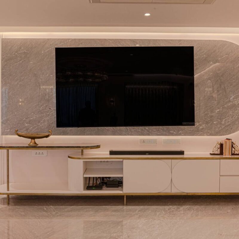 Modern White TV Unit Design with Suede Finish Laminate