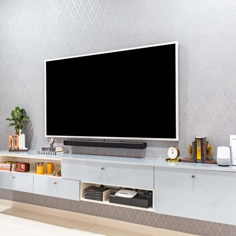 Modern Glossy TV Unit Design With Drawers and Open Shelves
