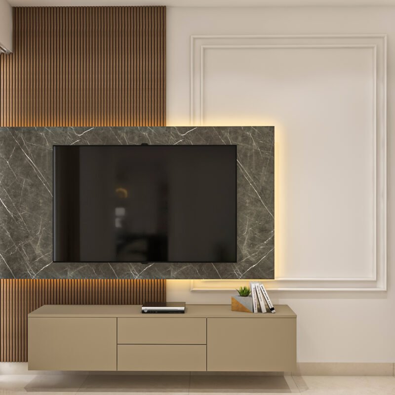 Wall-Mounted Beige Contemporary TV Unit Design With Marble Frame