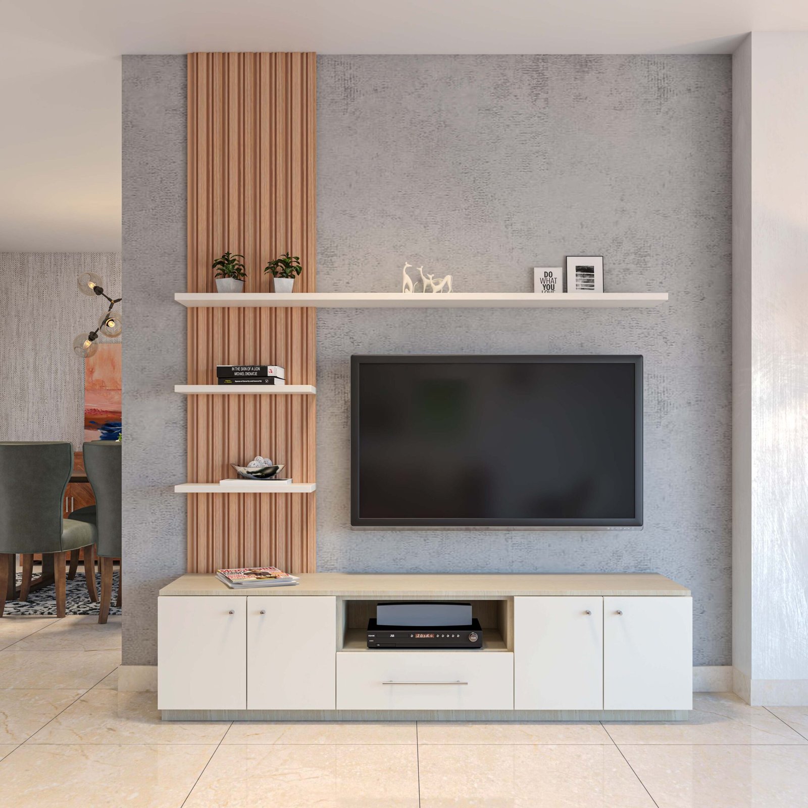 Minimalist Champagne and Acacia TV Unit Design with Shelves