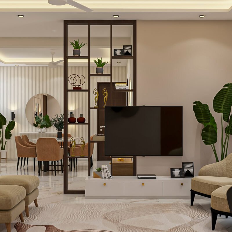 Contemporary White TV Unit Design With Wooden Divider