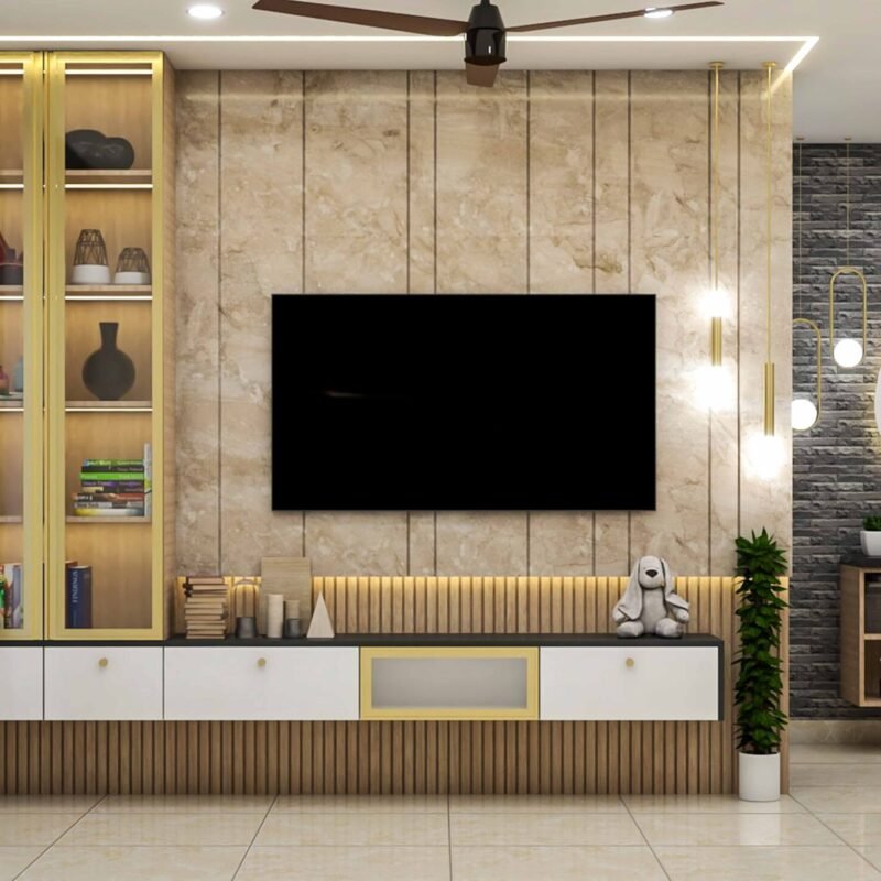 White, Black and Acacia Modern TV Unit Design