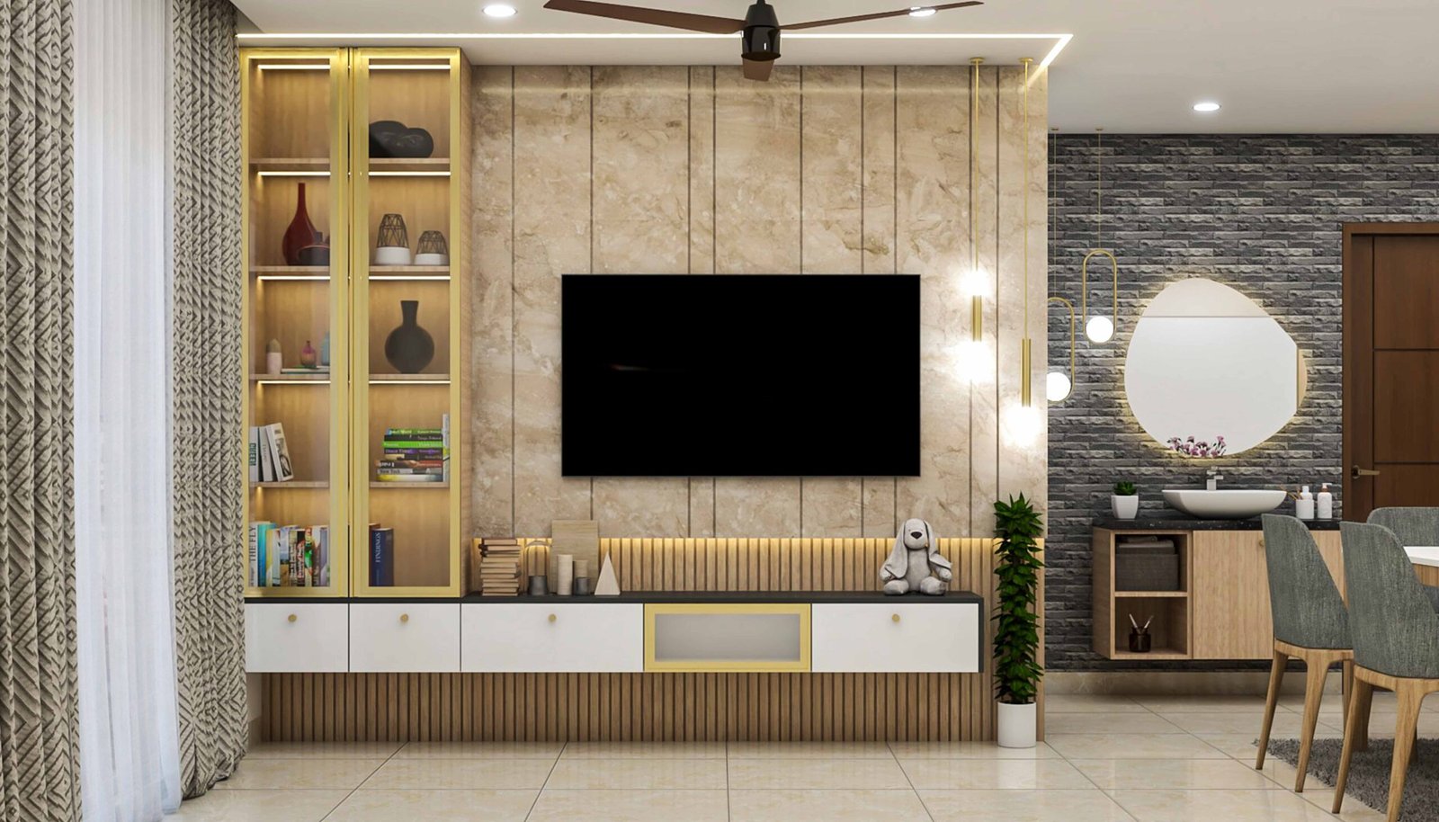 White, Black and Acacia Modern TV Unit Design