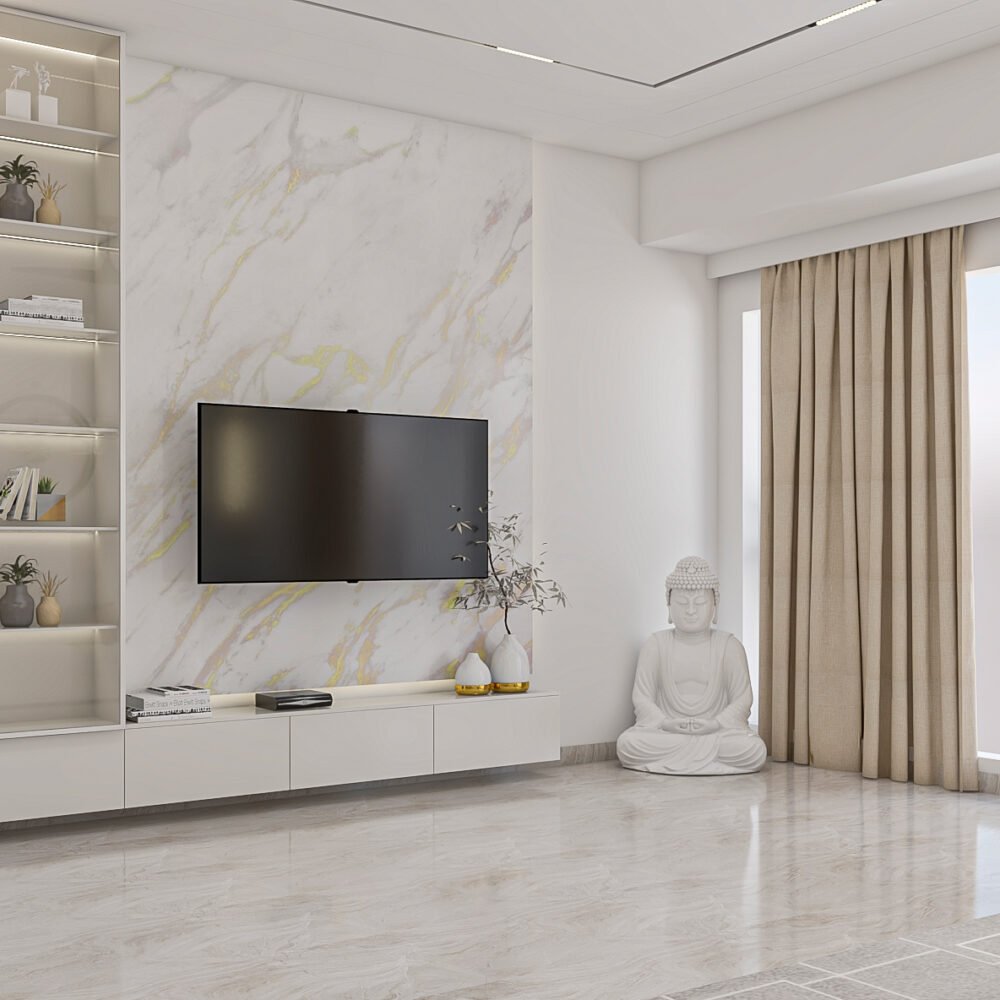 Modern 8-Foot Frosty White TV Unit Design with Display Shelves