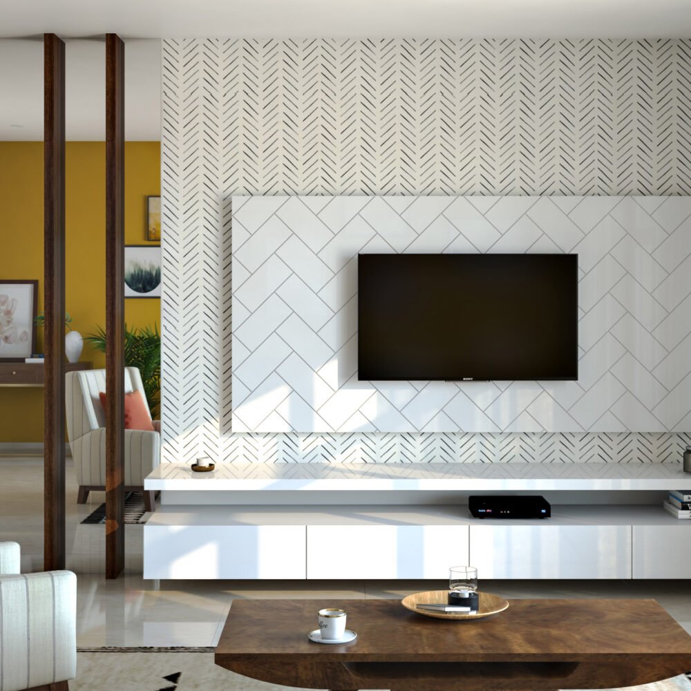 Modern White TV Unit Design with High Gloss Laminate Finish