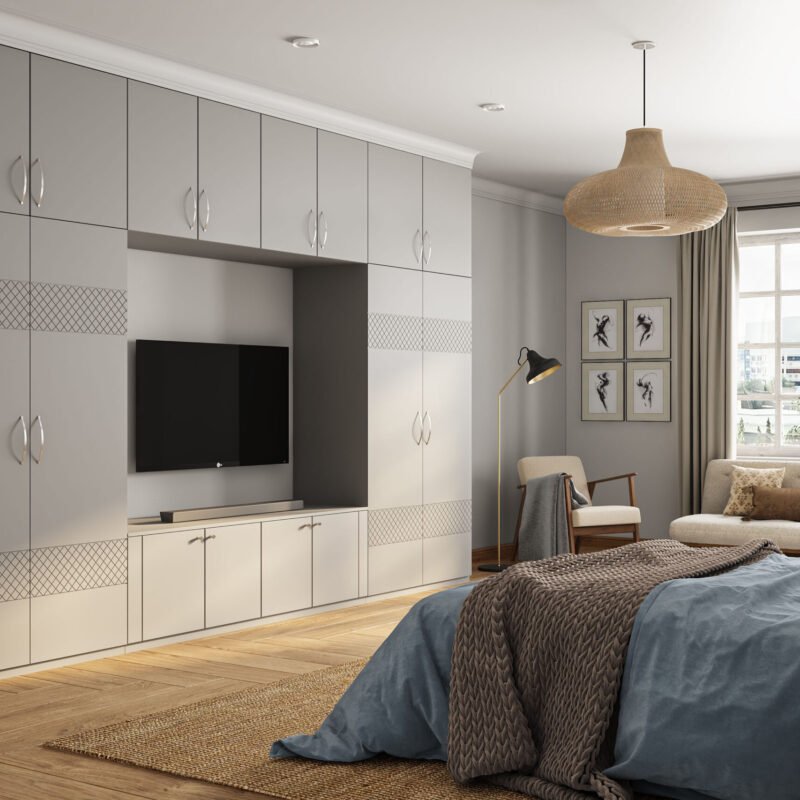 Modern Grey TV Unit Design with Matte Finish Membrane Shutter Finish