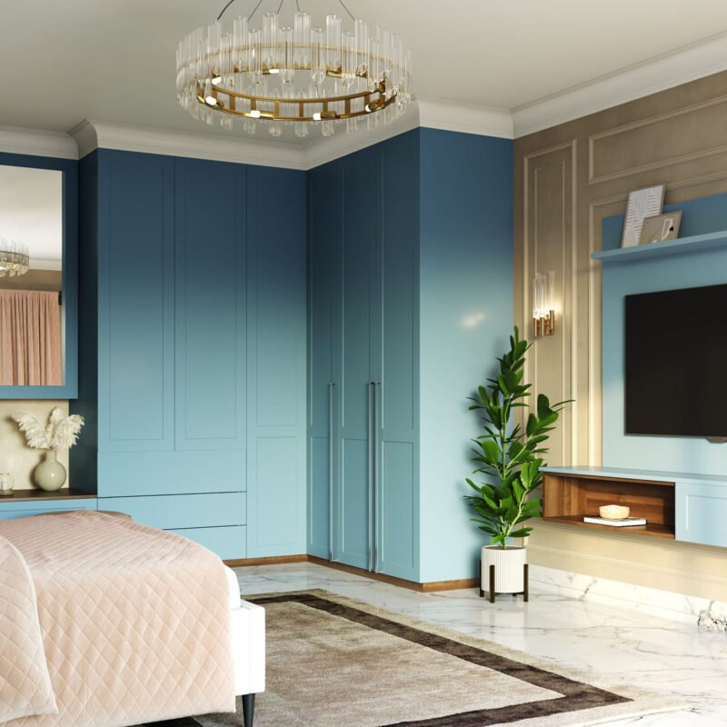 Denim Suedette Contemporary TV Unit Design with Floating Shelf