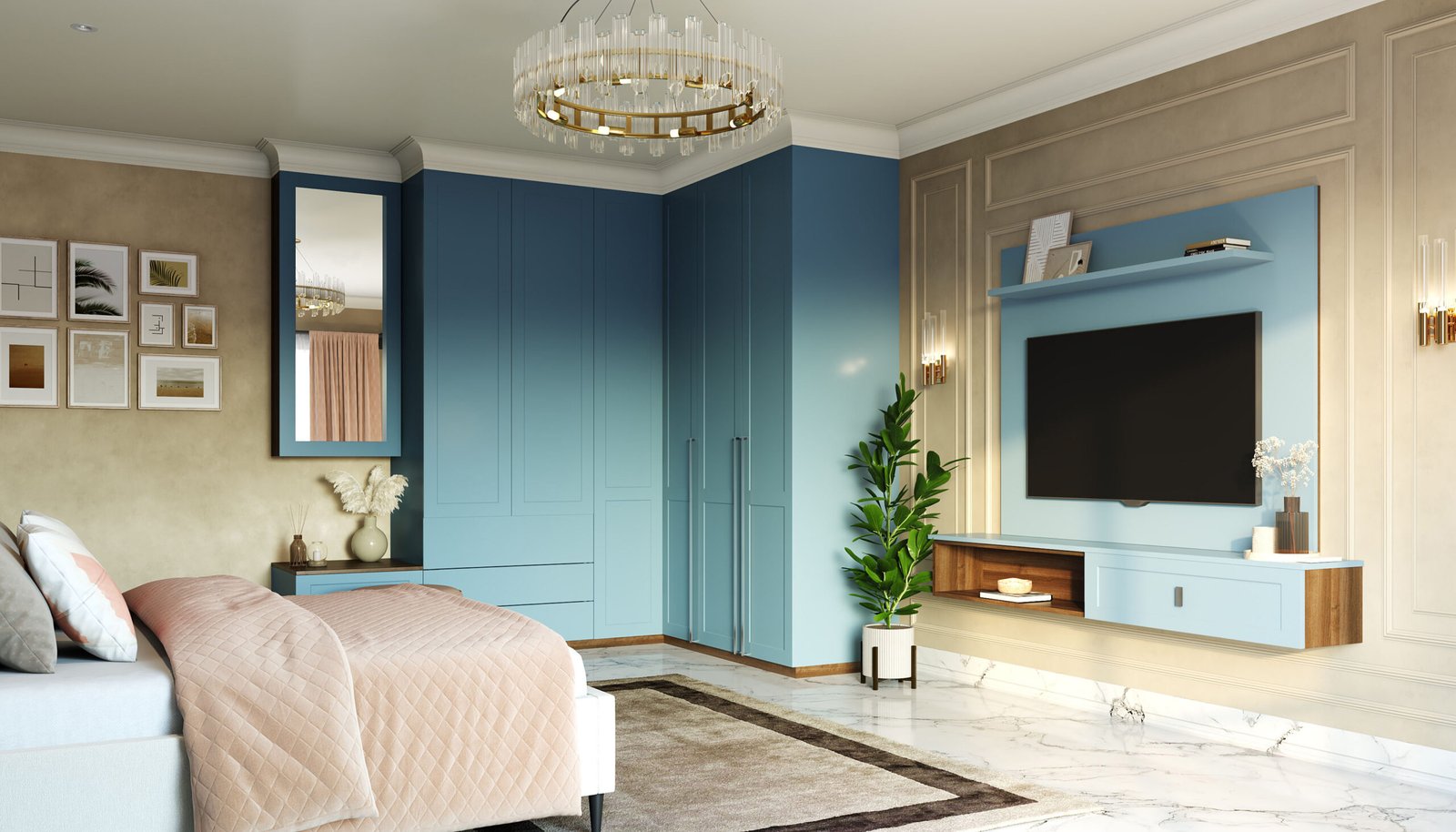 Denim Suedette Contemporary TV Unit Design with Floating Shelf