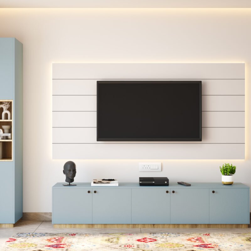 Light Blue and White Modern TV Unit Design with LED Lighting