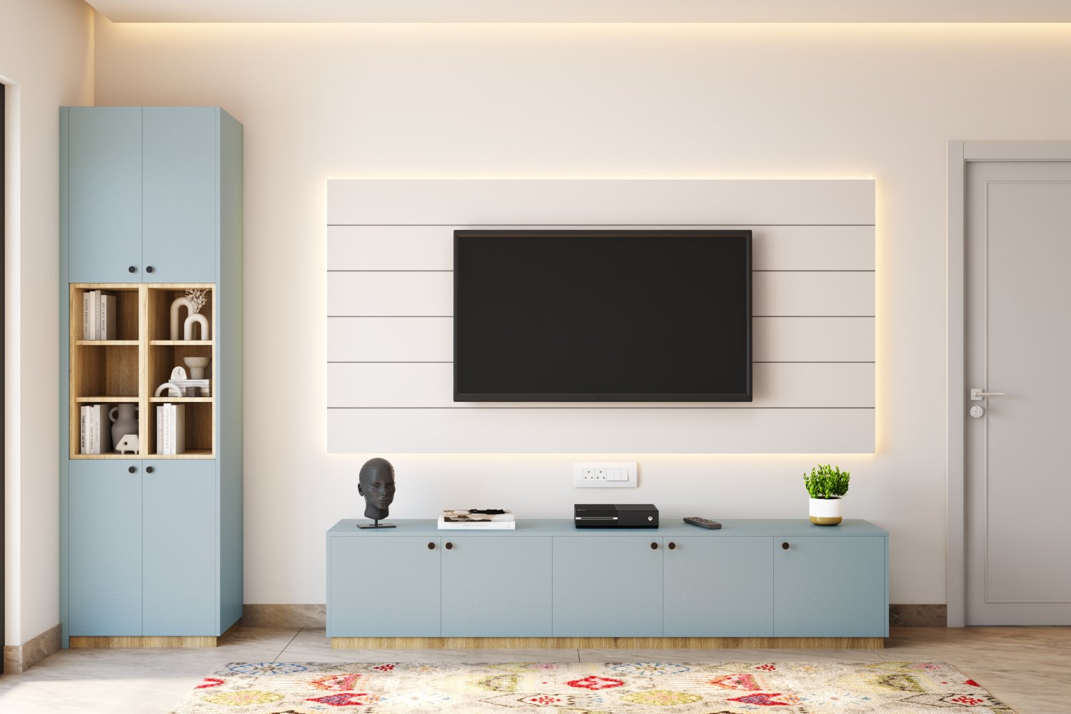 Light Blue and White Modern TV Unit Design with LED Lighting
