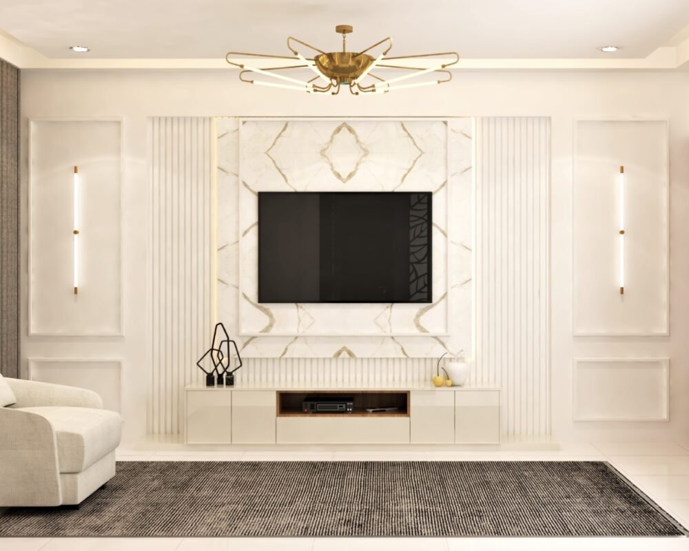 Champagne-Toned Contemporary TV Unit Design with High-Gloss Finish