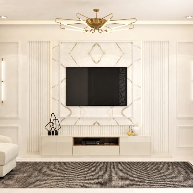 Champagne-Toned Contemporary TV Unit Design with High-Gloss Finish