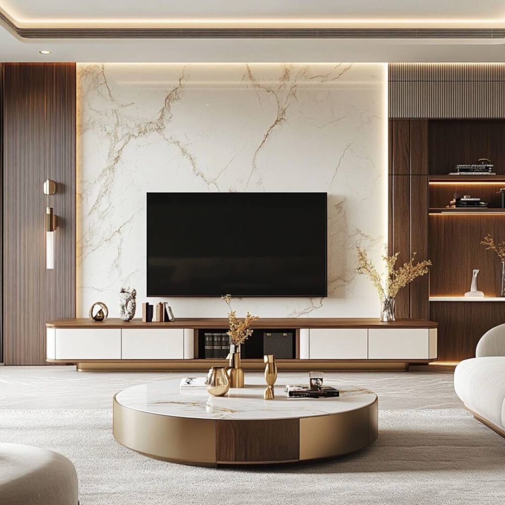 Contemporary TV Unit Design in White with Suede Finish