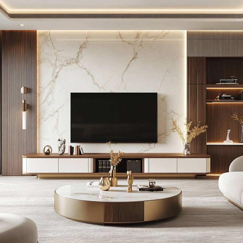 Contemporary TV Unit Design in White with Suede Finish