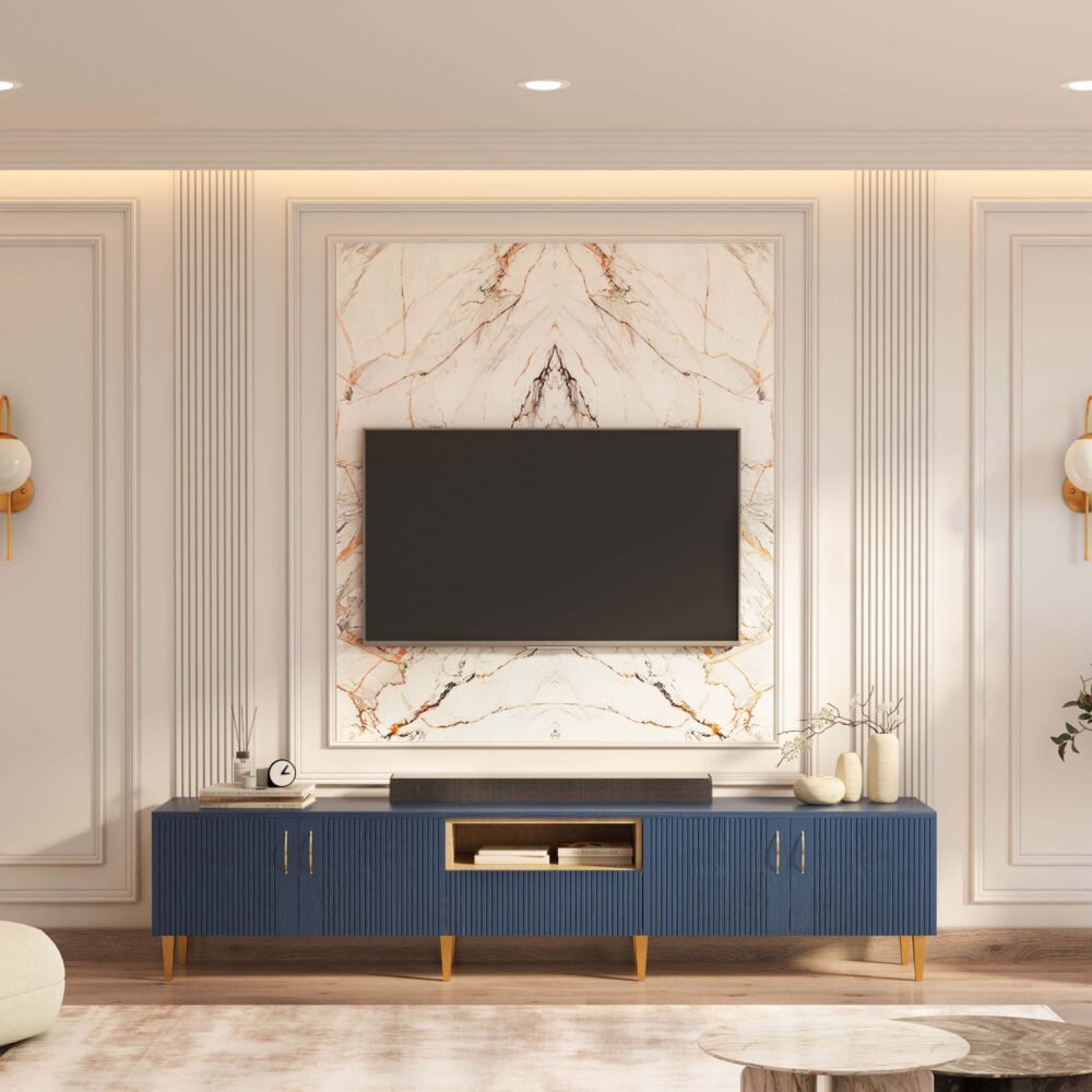 Modern Spazio Blu TV Unit Design with Marble Backdrop