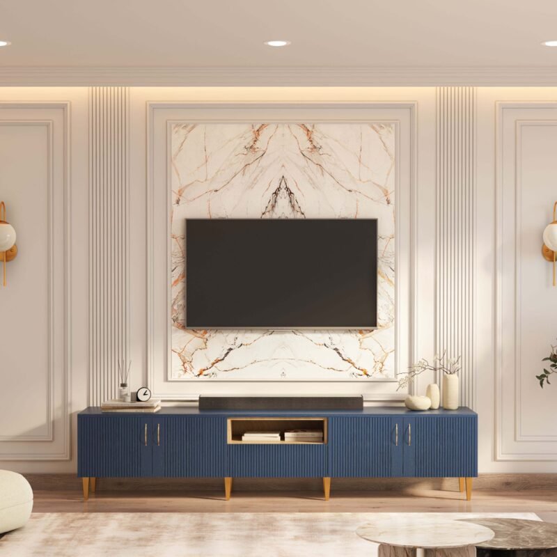 Modern Spazio Blu TV Unit Design with Marble Backdrop