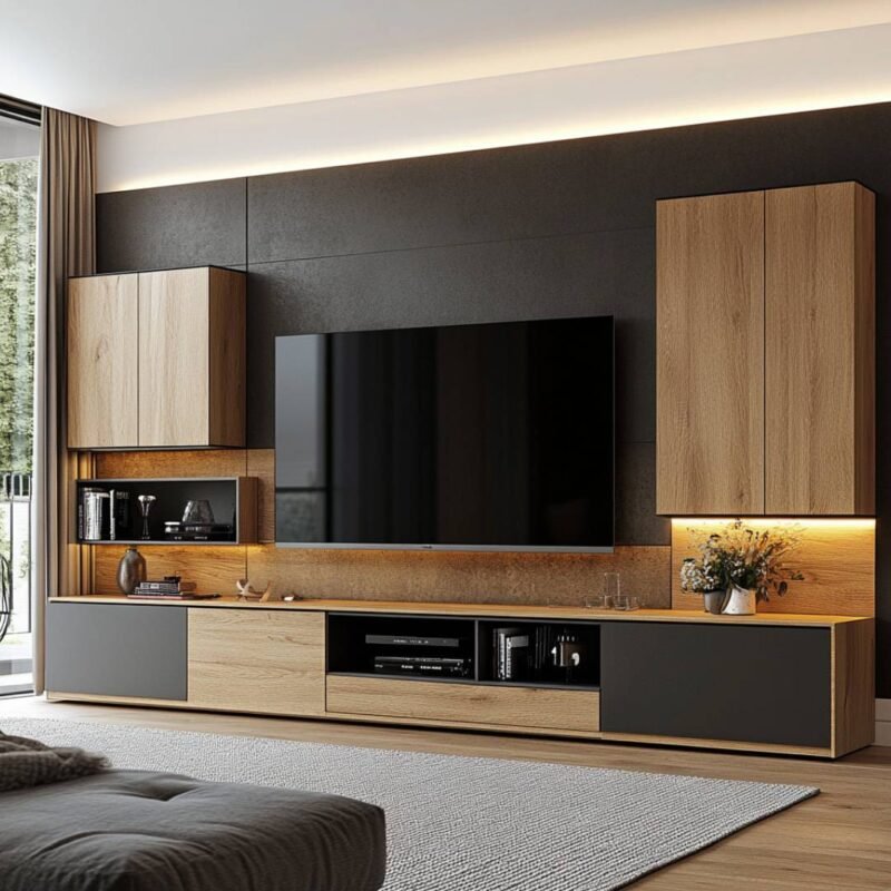 Modern Grey and Walnut TV Unit Design with Storage and Lighting
