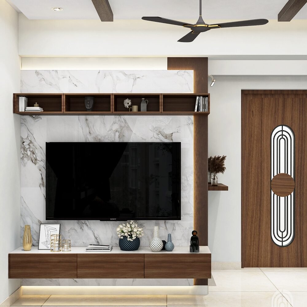 Modern Wall-Mounted TV Unit Design with Marble Panels