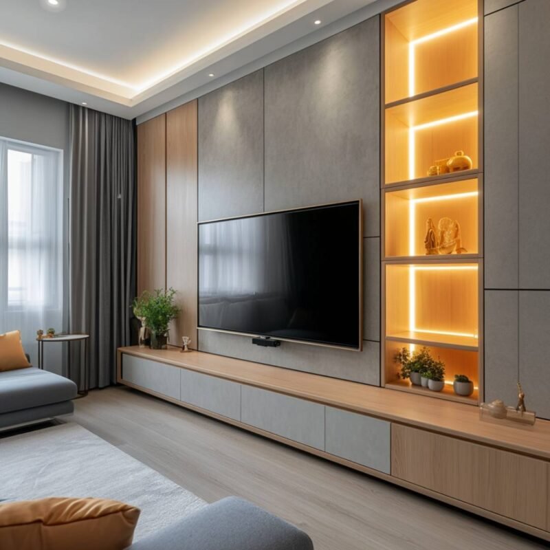 Modern Walnut and Tramac Twill TV Unit Design