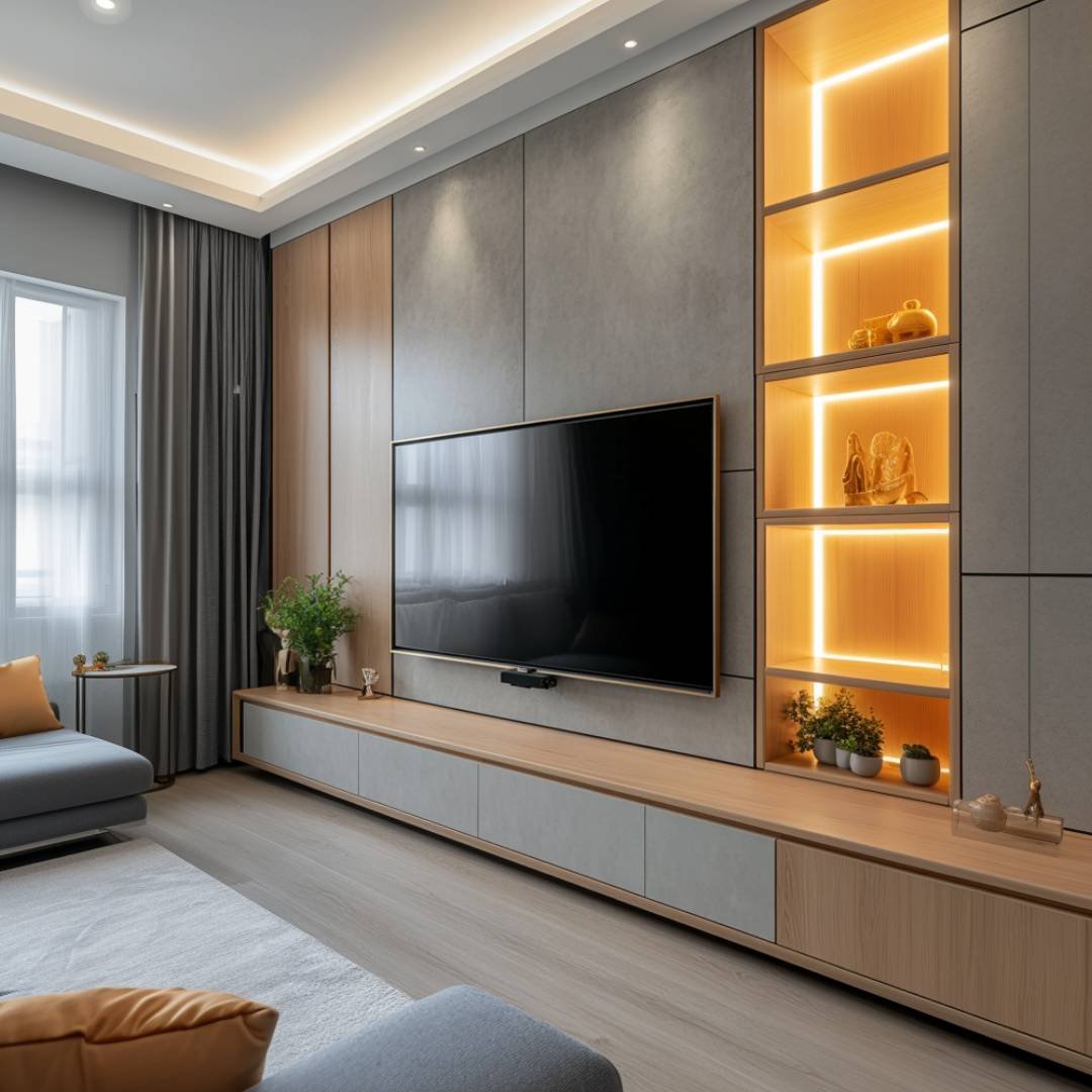 Modern Walnut and Tramac Twill TV Unit Design