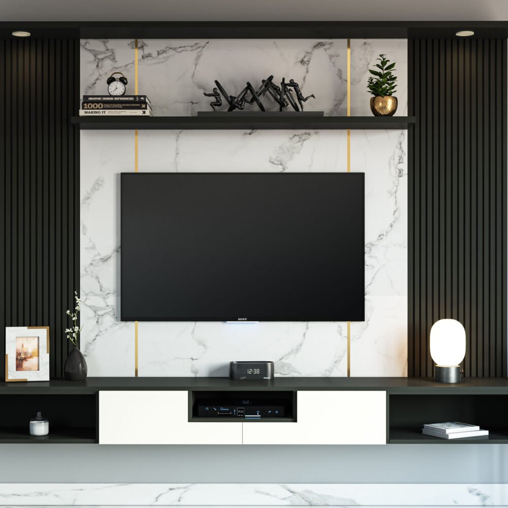 Contemporary White and Black TV Unit Design with Suede Finish Shutters