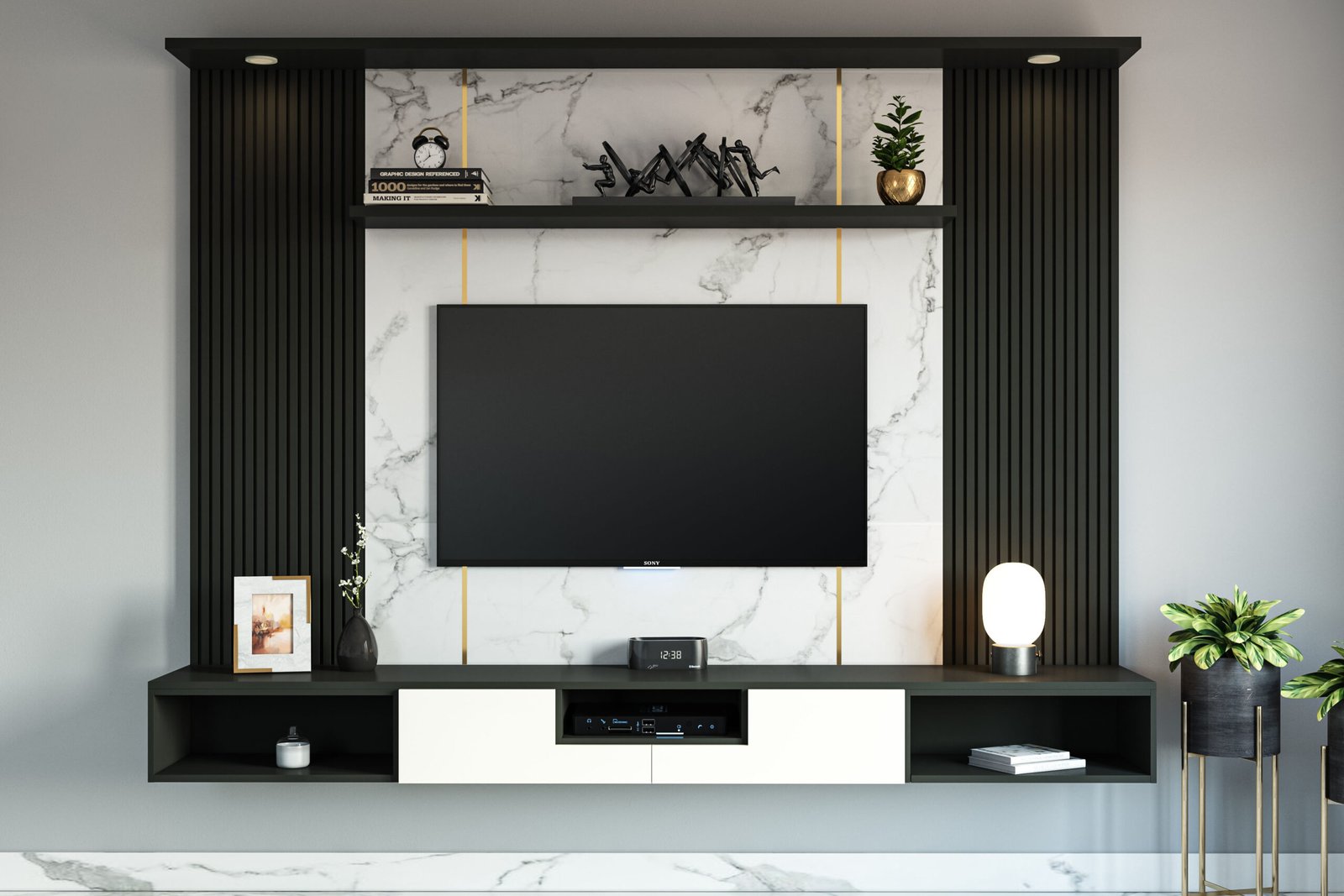 Contemporary White and Black TV Unit Design with Suede Finish Shutters