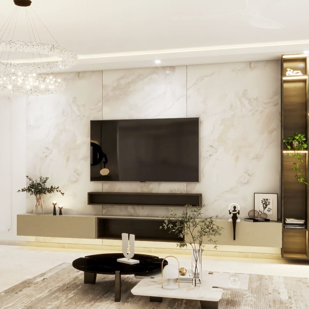 Large Contemporary TV Unit Design with Marble Wall