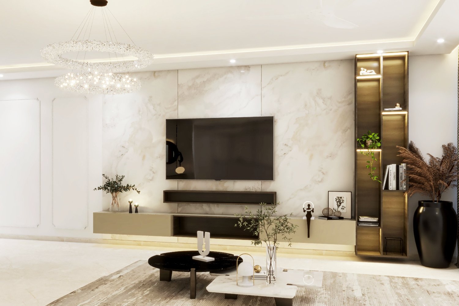 Large Contemporary TV Unit Design with Marble Wall