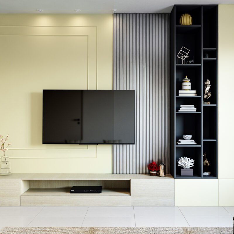 Modern TV Unit Design with Textured Panel in Acacia and Yellow