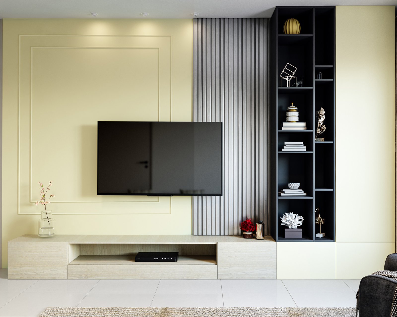 Modern TV Unit Design with Textured Panel in Acacia and Yellow